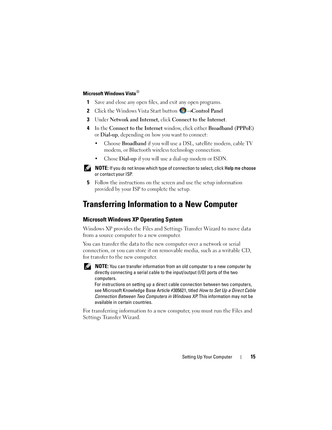 Dell P168C Transferring Information to a New Computer, Microsoft Windows XP Operating System, Microsoft Windows Vista 