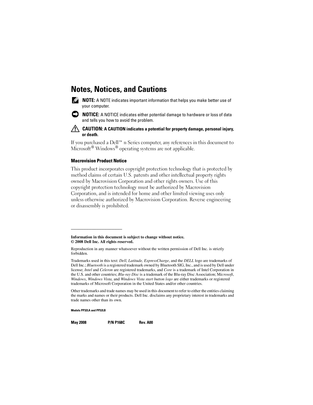 Dell PP32LB, P168C, PP32LA specifications Macrovision Product Notice 