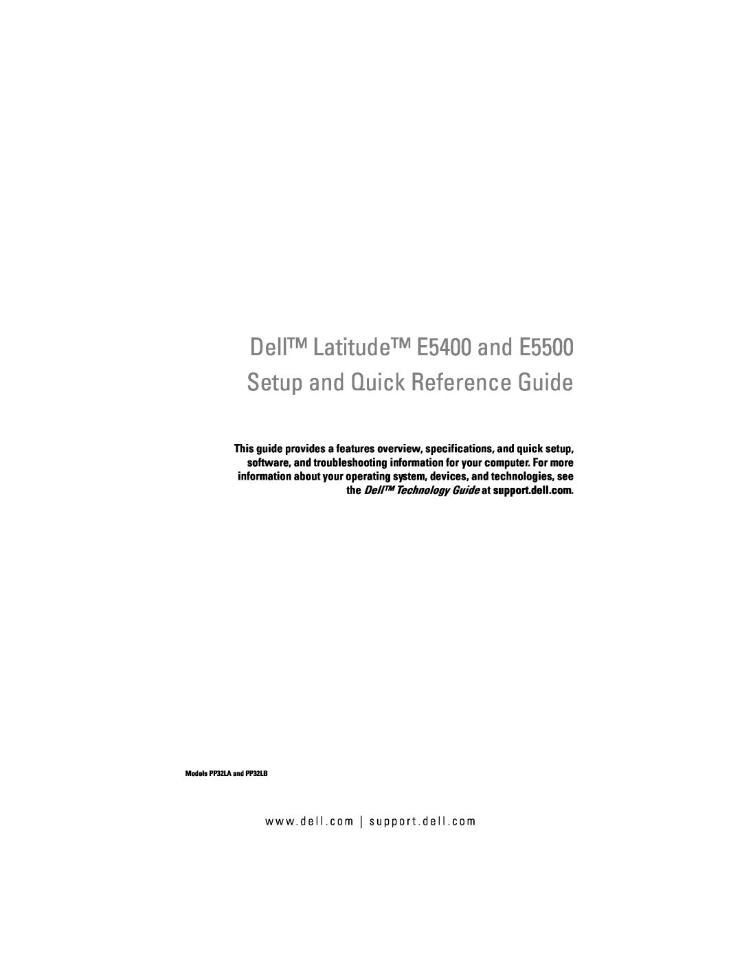 Dell PP32LA, P168C, PP32LB specifications Dell Latitude E5400 and E5500 Setup and Quick Reference Guide 