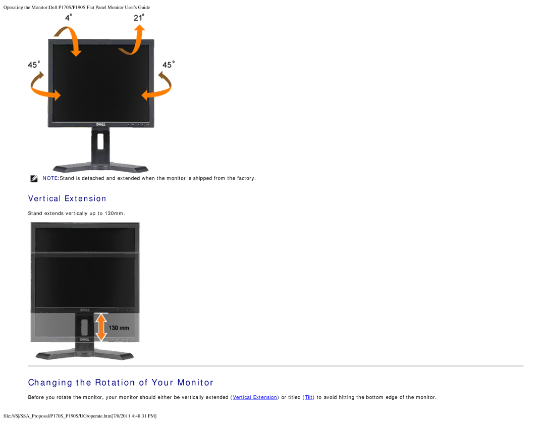 Dell P170s appendix Changing the Rotation of Your Monitor, Vertical Extension 