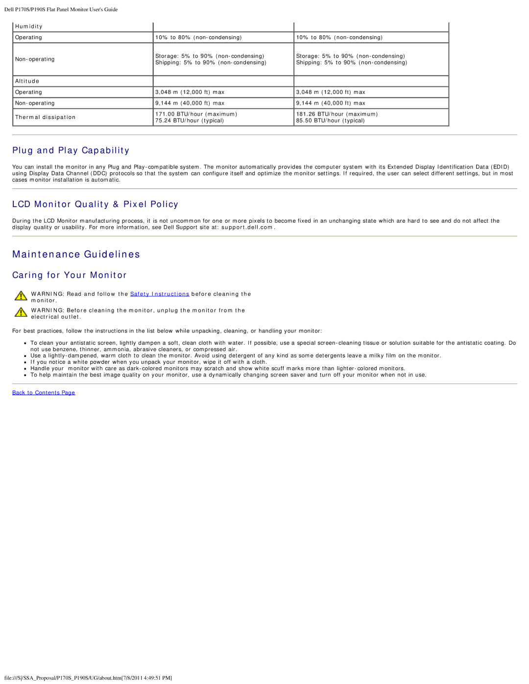 Dell P170s Maintenance Guidelines, Plug and Play Capability, LCD Monitor Quality & Pixel Policy, Caring for Your Monitor 