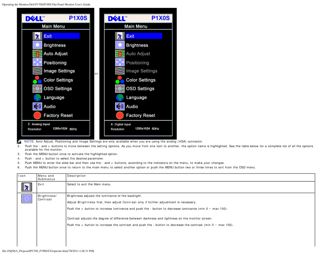 Dell P170s appendix Contrast, Select to exit the Main menu 