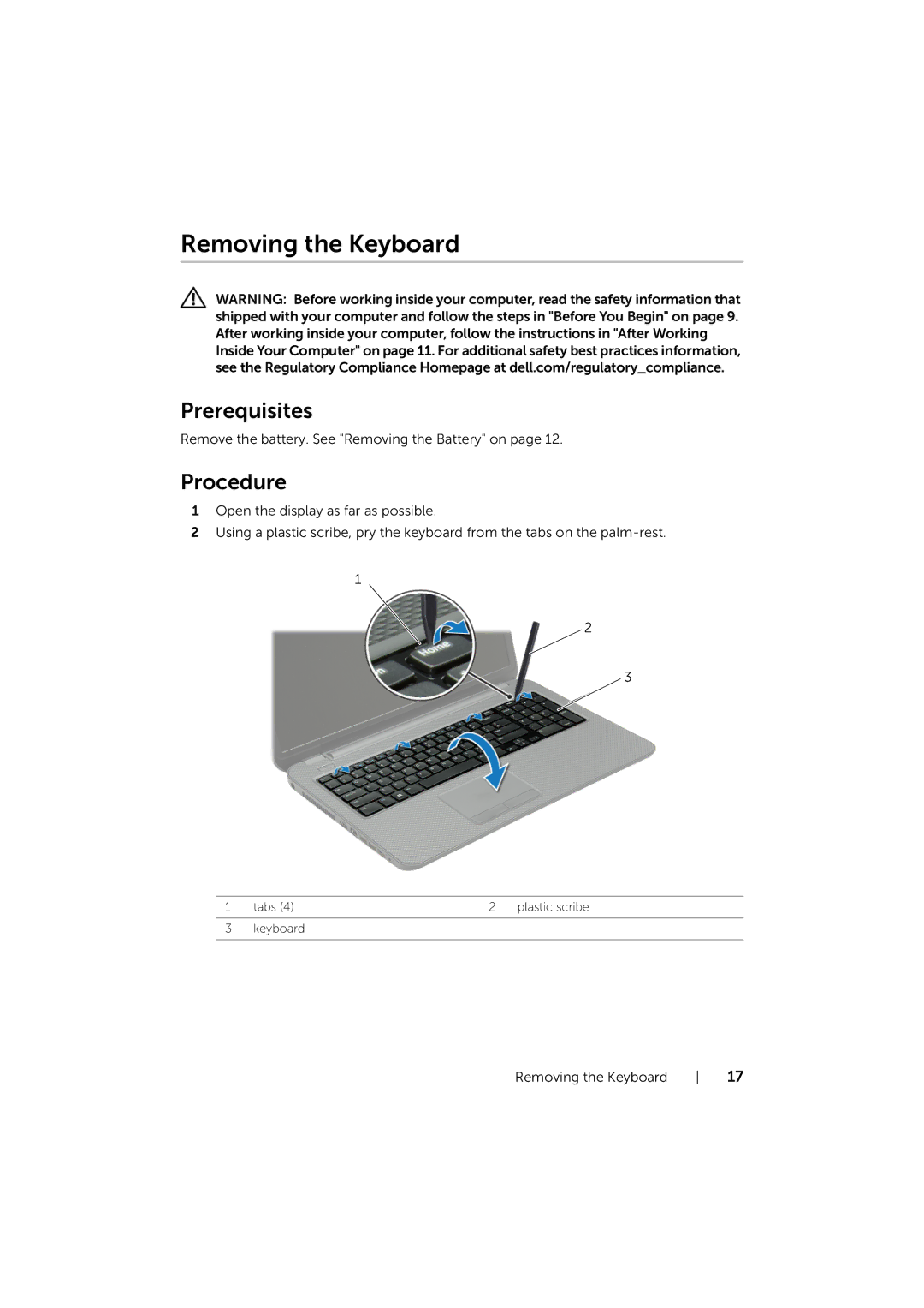 Dell P17E owner manual Removing the Keyboard 