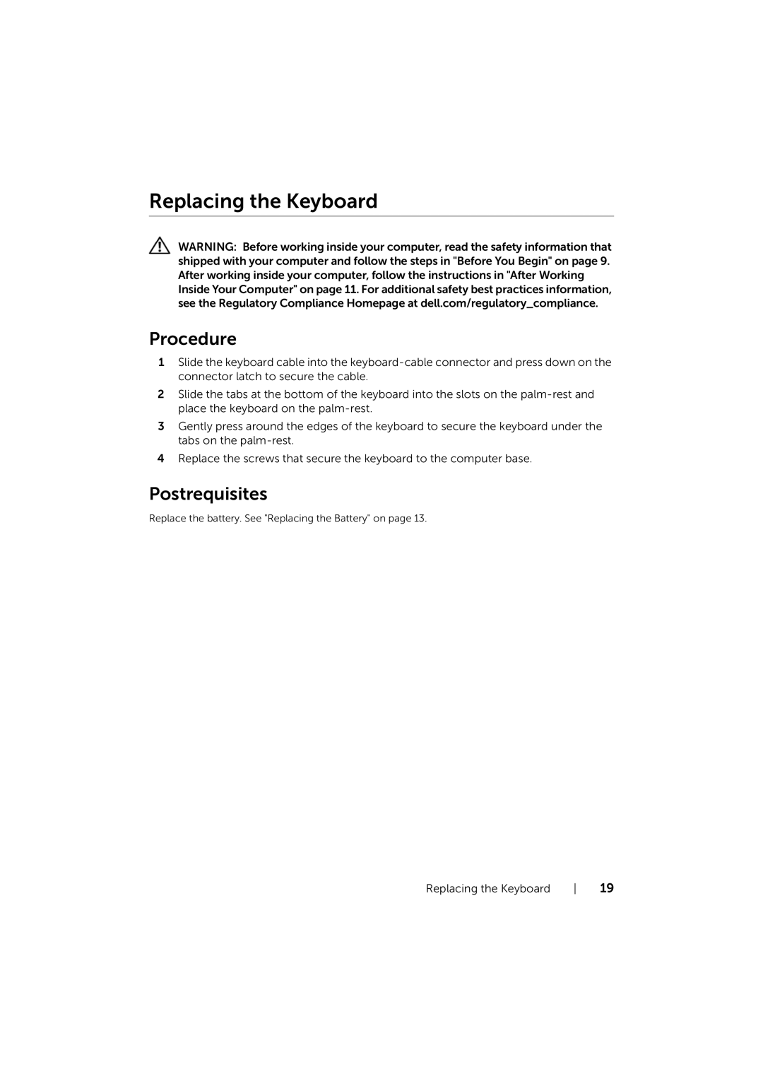 Dell P17E owner manual Replacing the Keyboard 