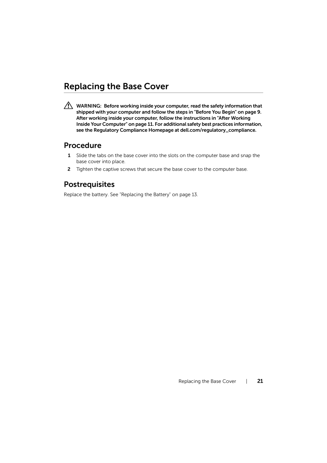 Dell P17E owner manual Replacing the Base Cover 