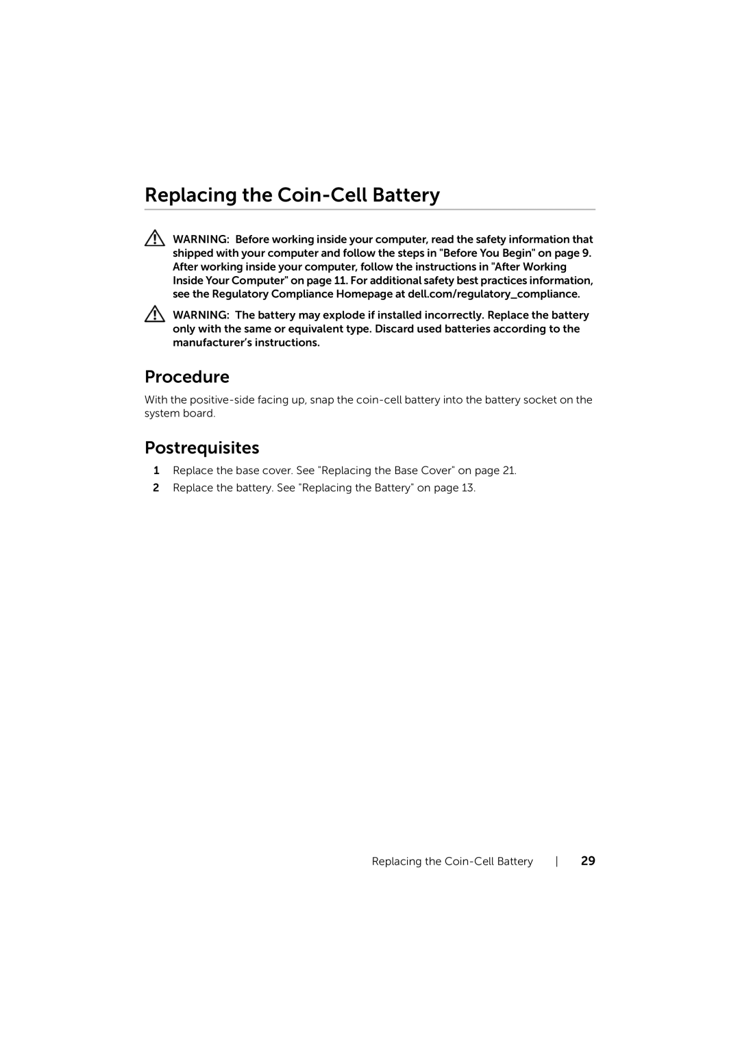 Dell P17E owner manual Replacing the Coin-Cell Battery 