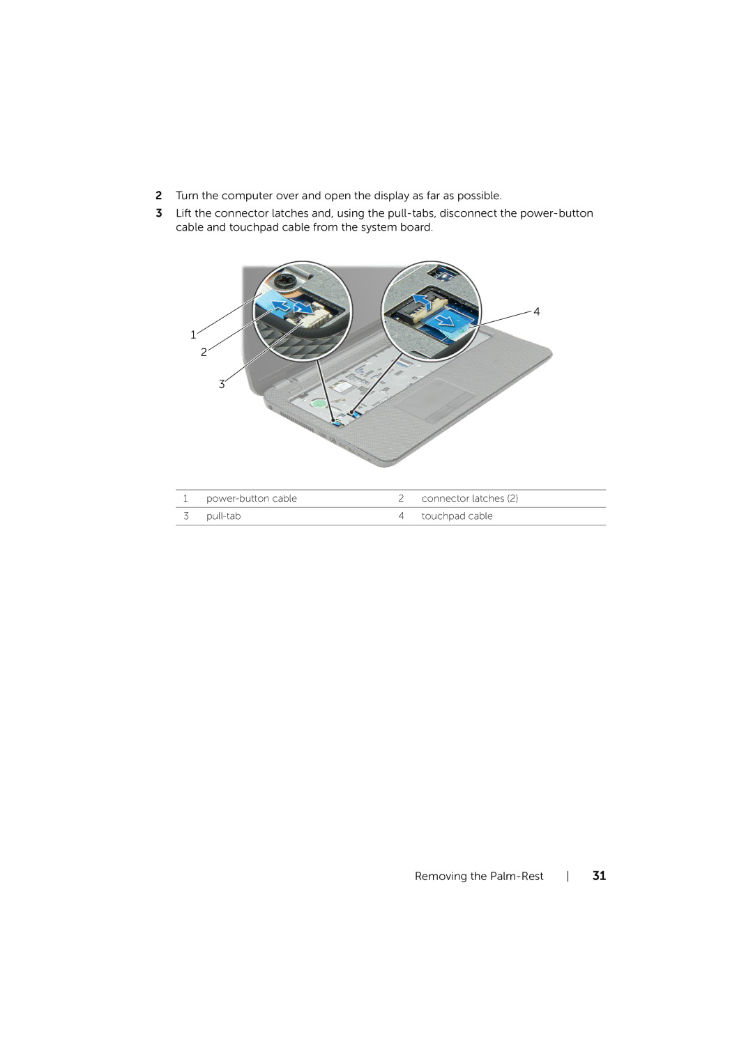 Dell P17E owner manual Power-button cable Connector latches Pull-tab Touchpad cable 