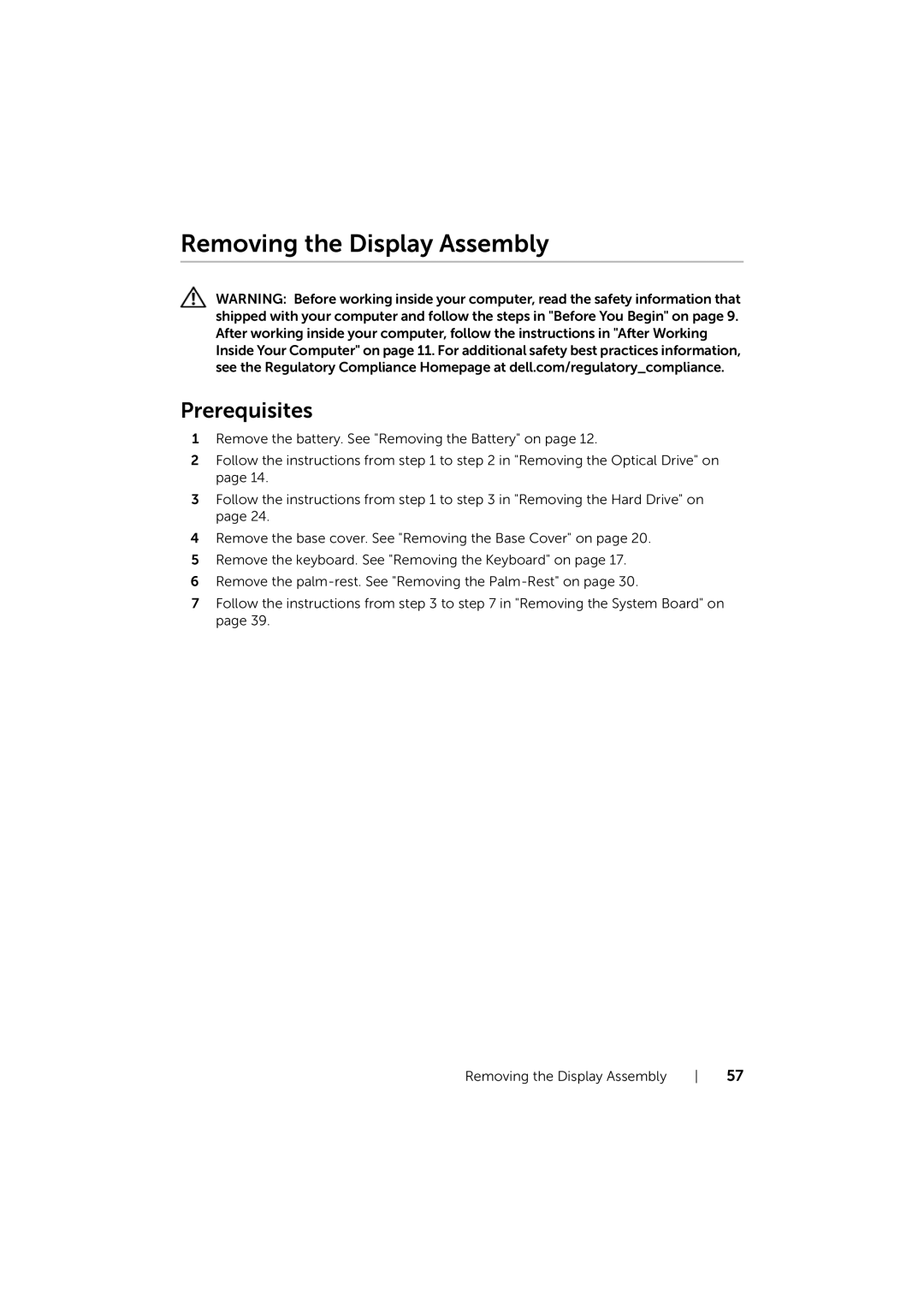 Dell P17E owner manual Removing the Display Assembly 