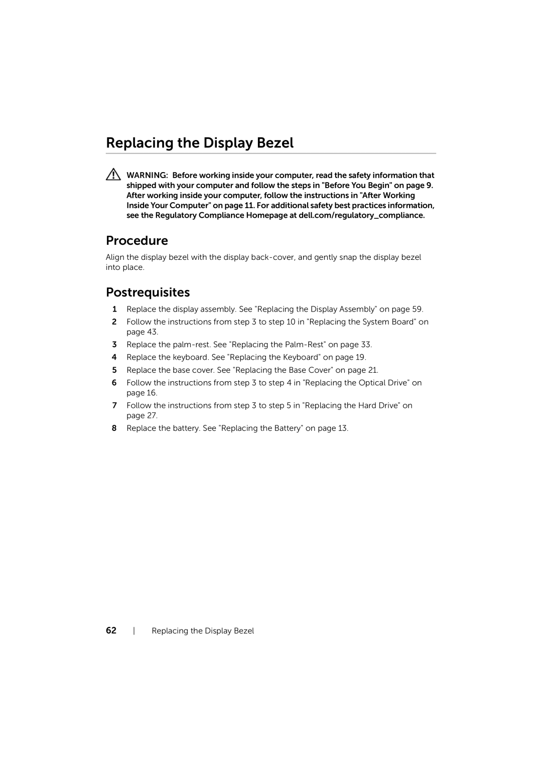 Dell P17E owner manual Replacing the Display Bezel 