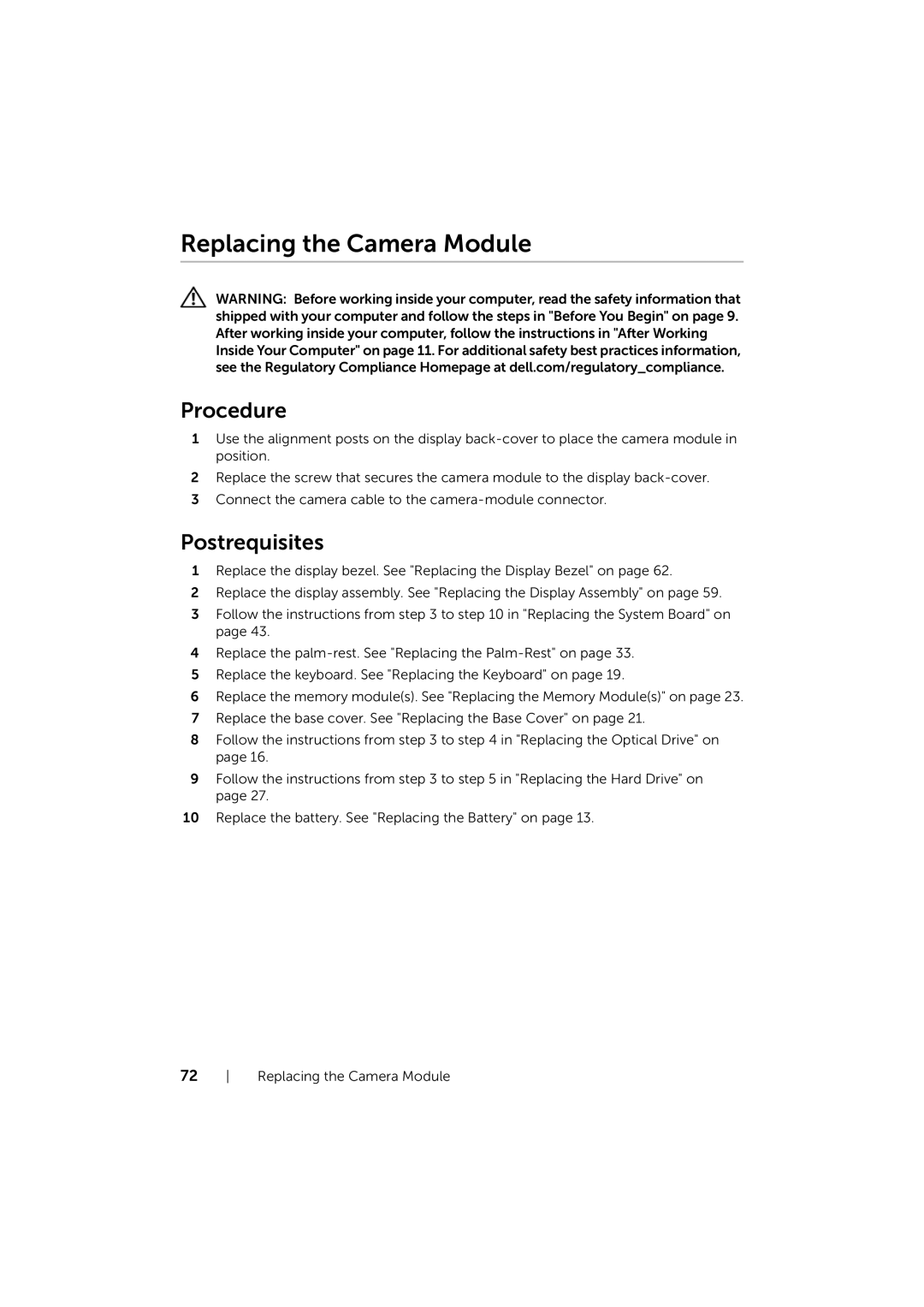 Dell P17E owner manual Replacing the Camera Module 