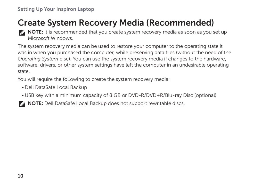 Dell P17F setup guide Create System Recovery Media Recommended 