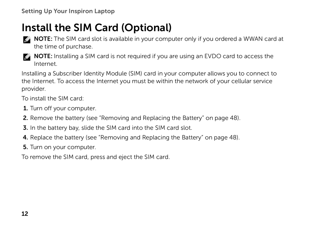 Dell P17F setup guide Install the SIM Card Optional 