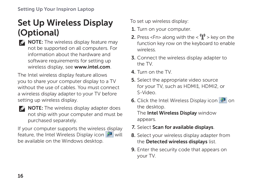 Dell P17F setup guide Set Up Wireless Display Optional 