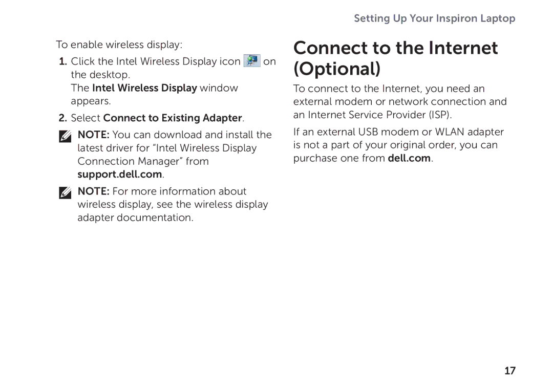 Dell P17F setup guide Connect to the Internet Optional 