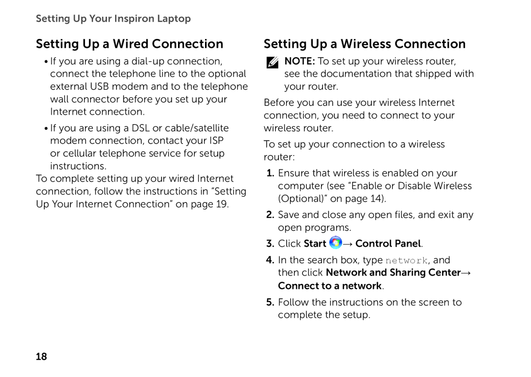 Dell P17F setup guide Setting Up a Wired Connection, Setting Up a Wireless Connection 