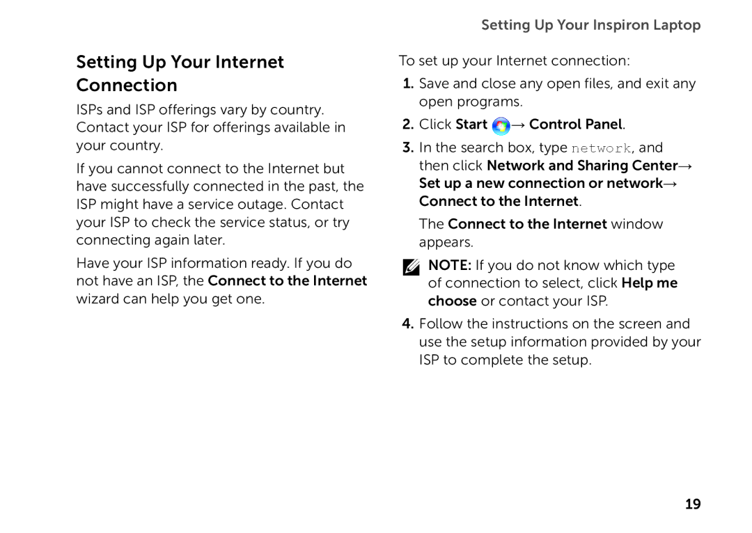 Dell P17F setup guide Setting Up Your Internet Connection 