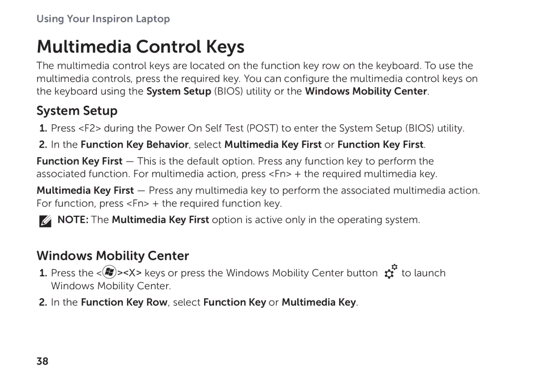 Dell P17F setup guide Multimedia Control Keys, System Setup, Windows Mobility Center 