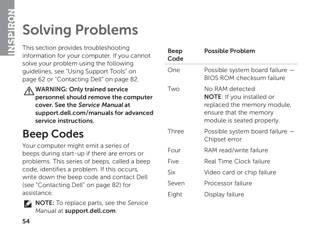 Dell P17F setup guide Solving Problems, Beep Codes 