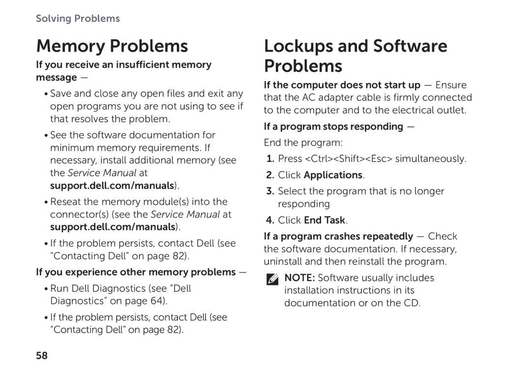 Dell P17F setup guide Memory Problems, Lockups and Software Problems 