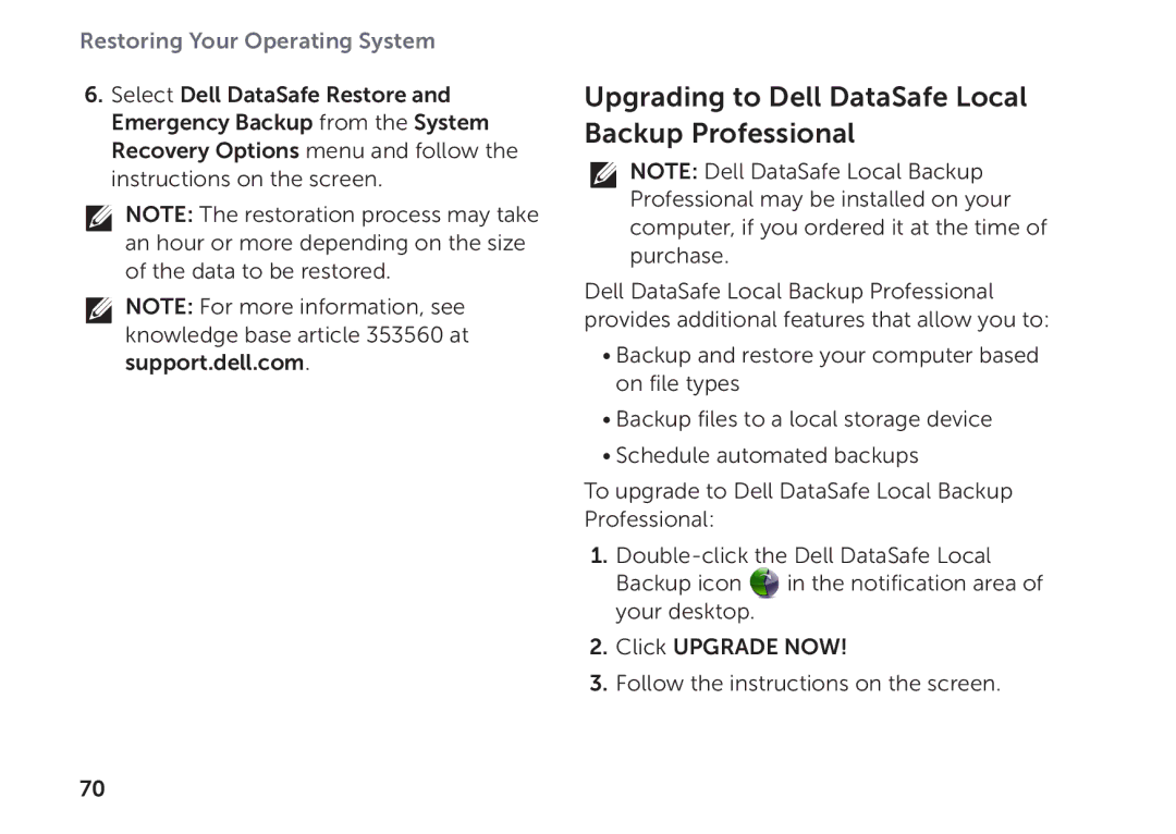 Dell P17F setup guide Upgrading to Dell DataSafe Local Backup Professional 