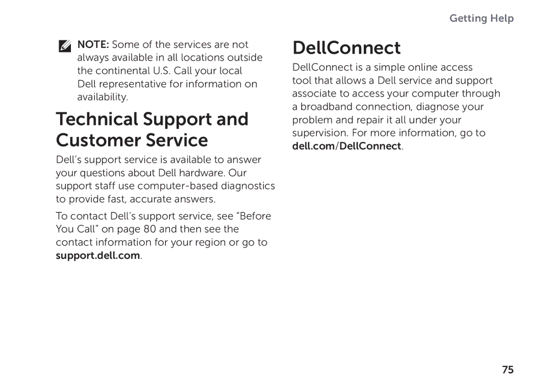 Dell P17F setup guide Technical Support and Customer Service, DellConnect 