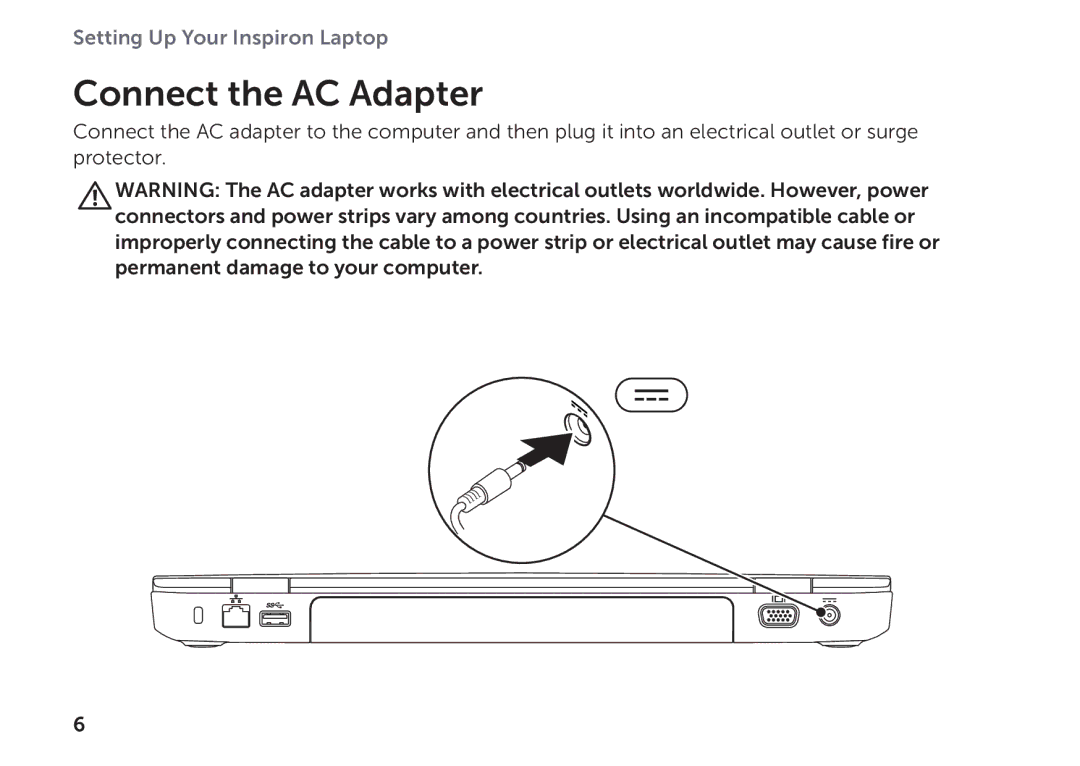 Dell P17F setup guide Connect the AC Adapter 