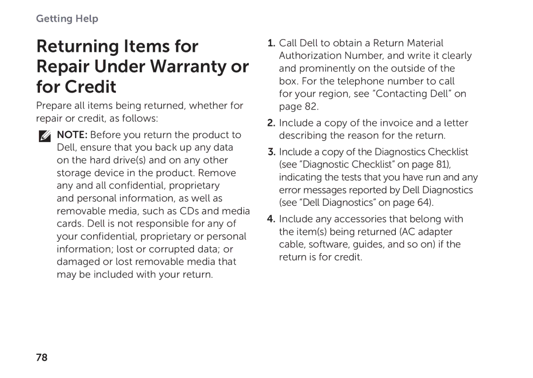 Dell P17F setup guide Returning Items for Repair Under Warranty or for Credit 