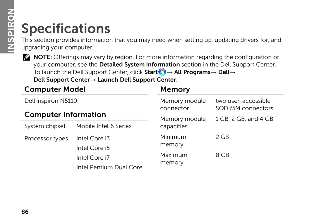 Dell P17F setup guide Specifications, Computer Model, Computer Information, Memory 