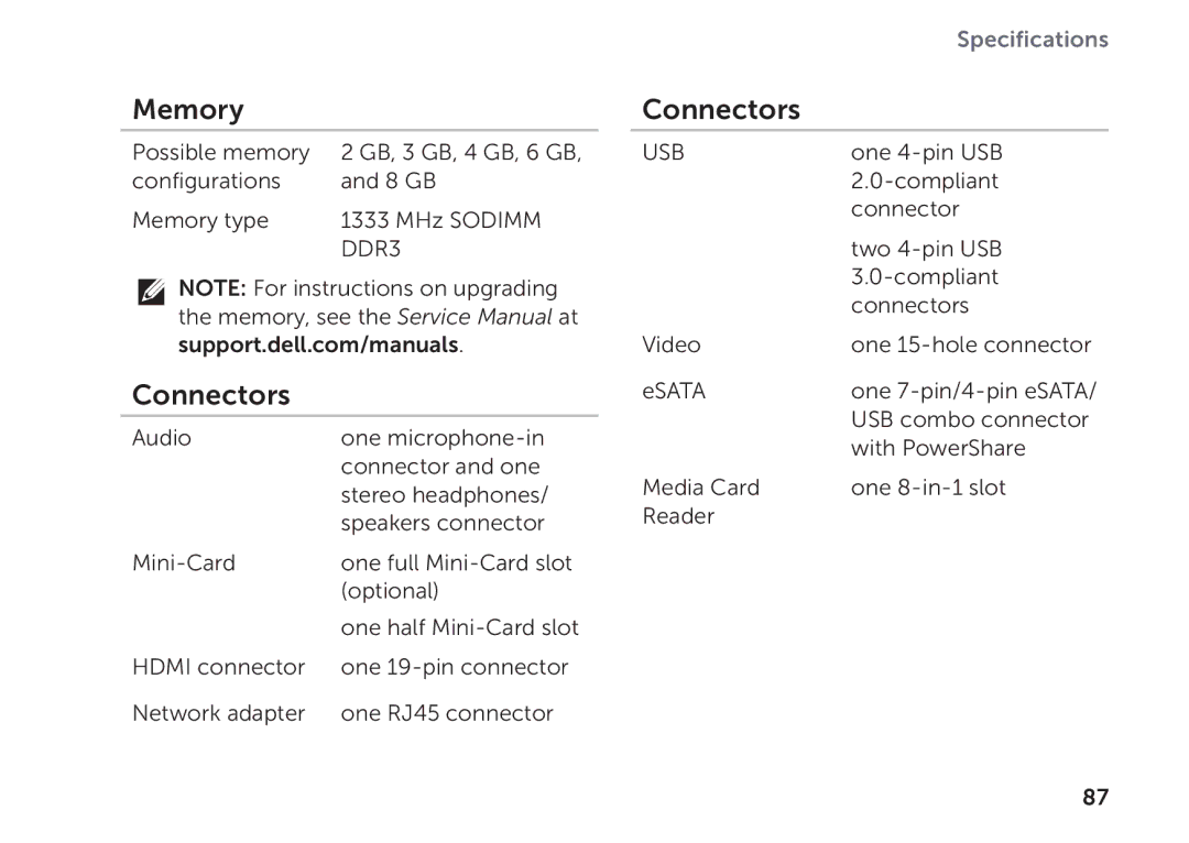 Dell P17F setup guide Connectors, Usb 