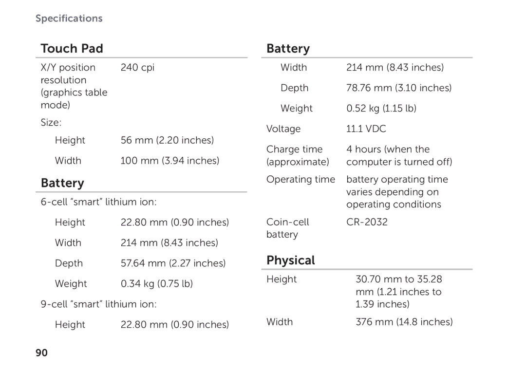 Dell P17F setup guide Touch Pad, Battery, Physical 