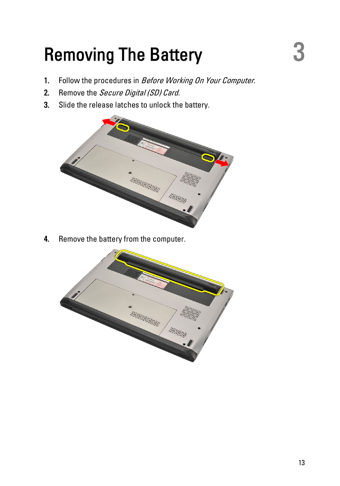 Dell P18S owner manual Removing The Battery 