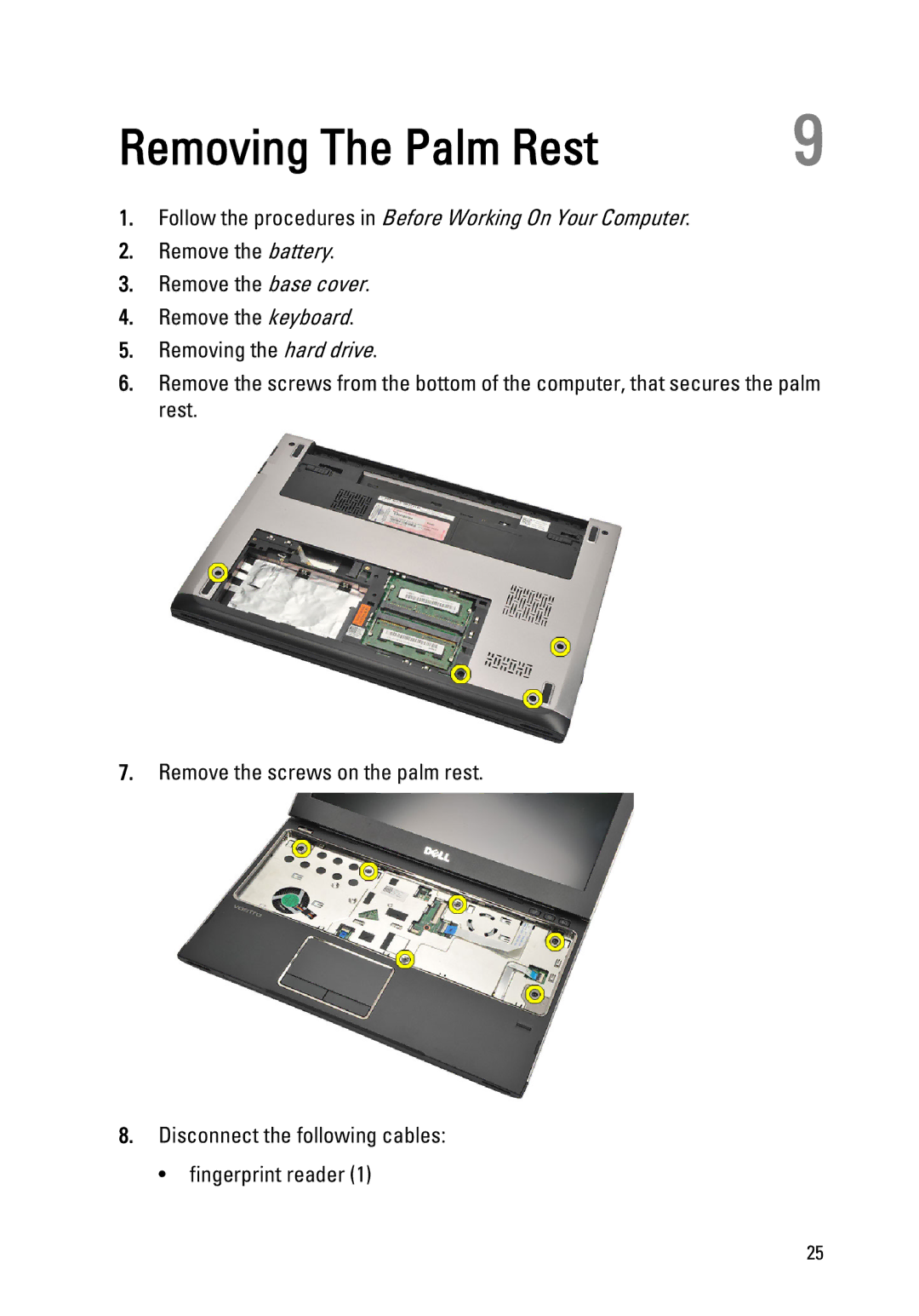 Dell P18S owner manual Removing The Palm Rest 