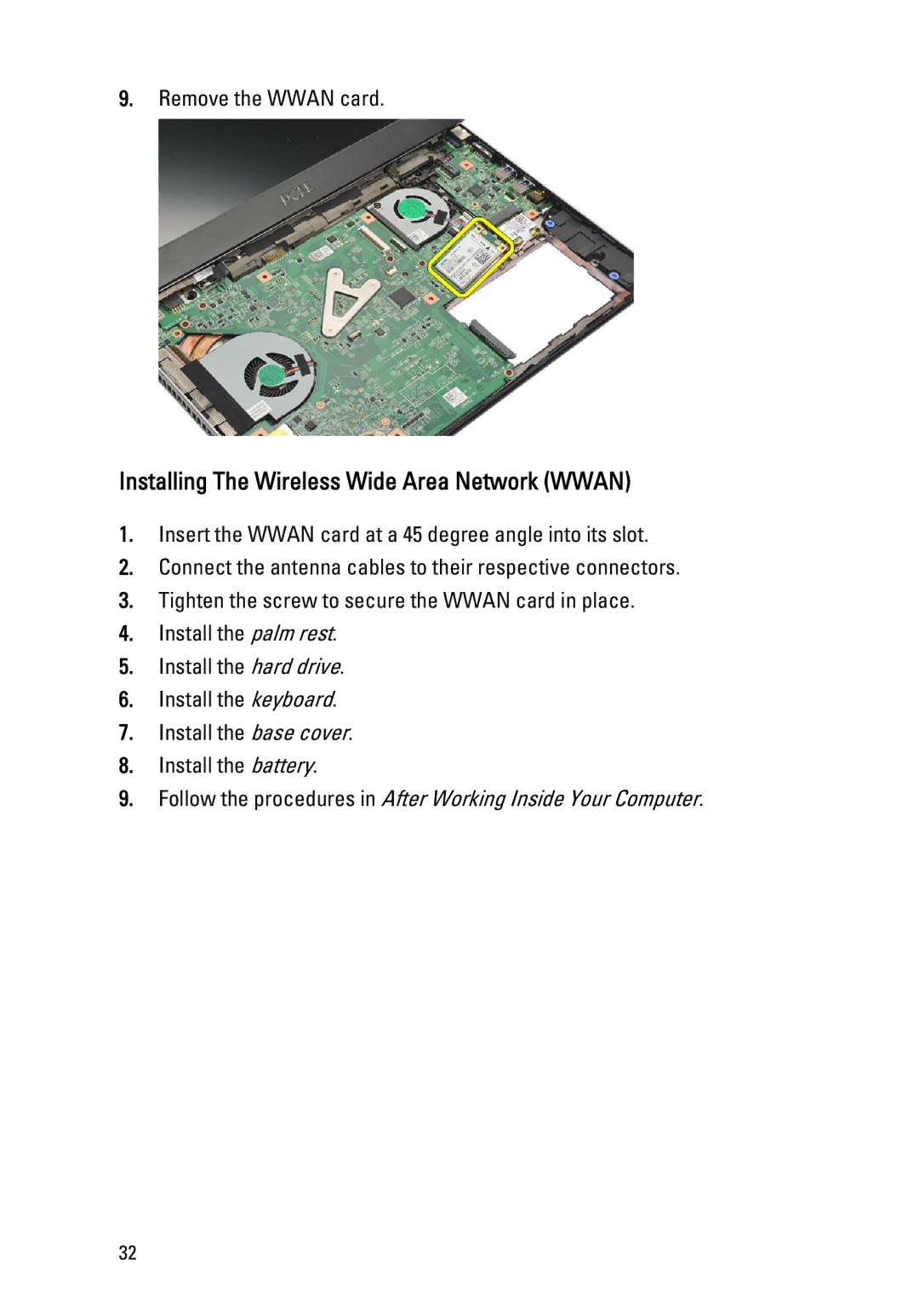 Dell P18S owner manual Installing The Wireless Wide Area Network Wwan 