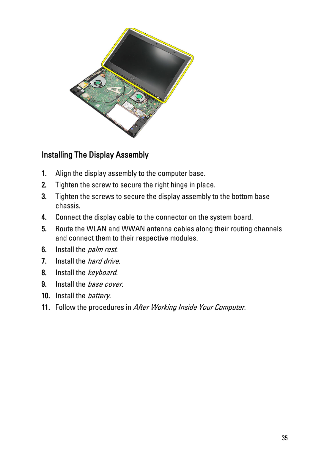 Dell P18S owner manual Installing The Display Assembly 