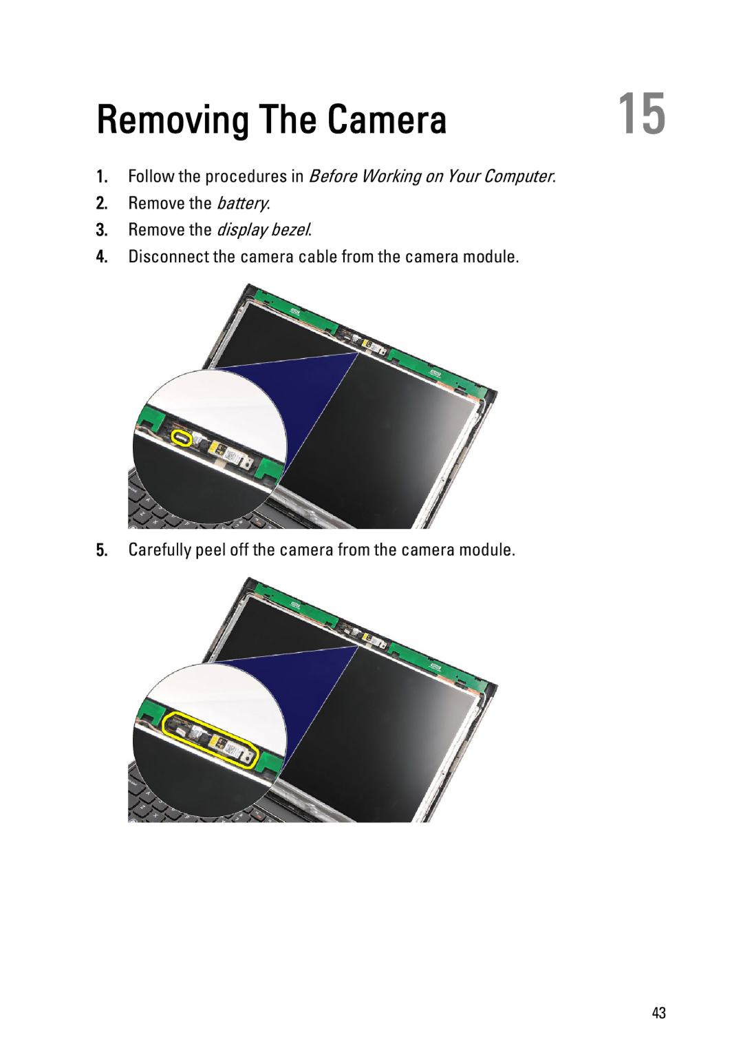 Dell P18S owner manual Removing The Camera 