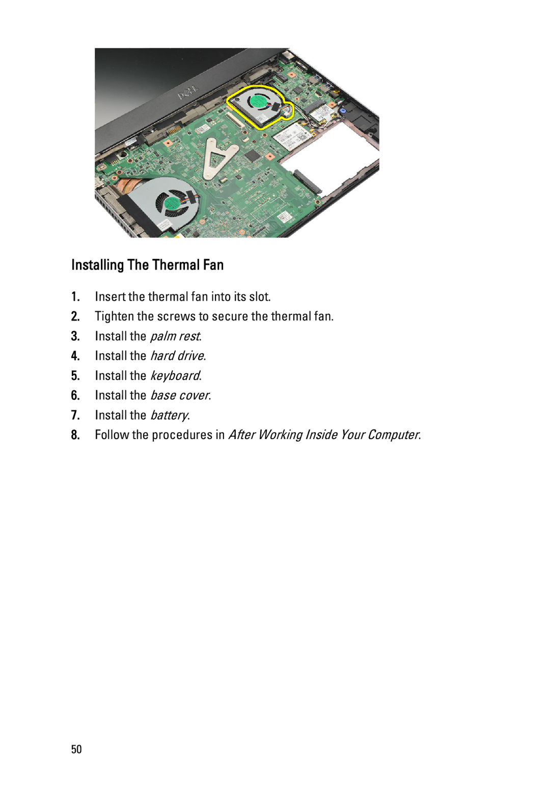 Dell P18S owner manual Installing The Thermal Fan 