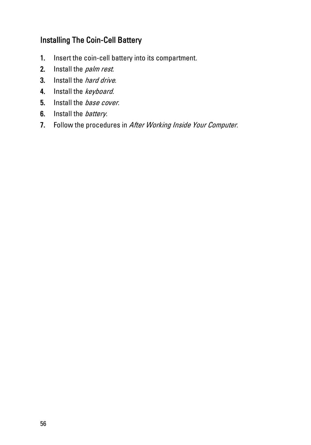 Dell P18S owner manual Installing The Coin-Cell Battery 