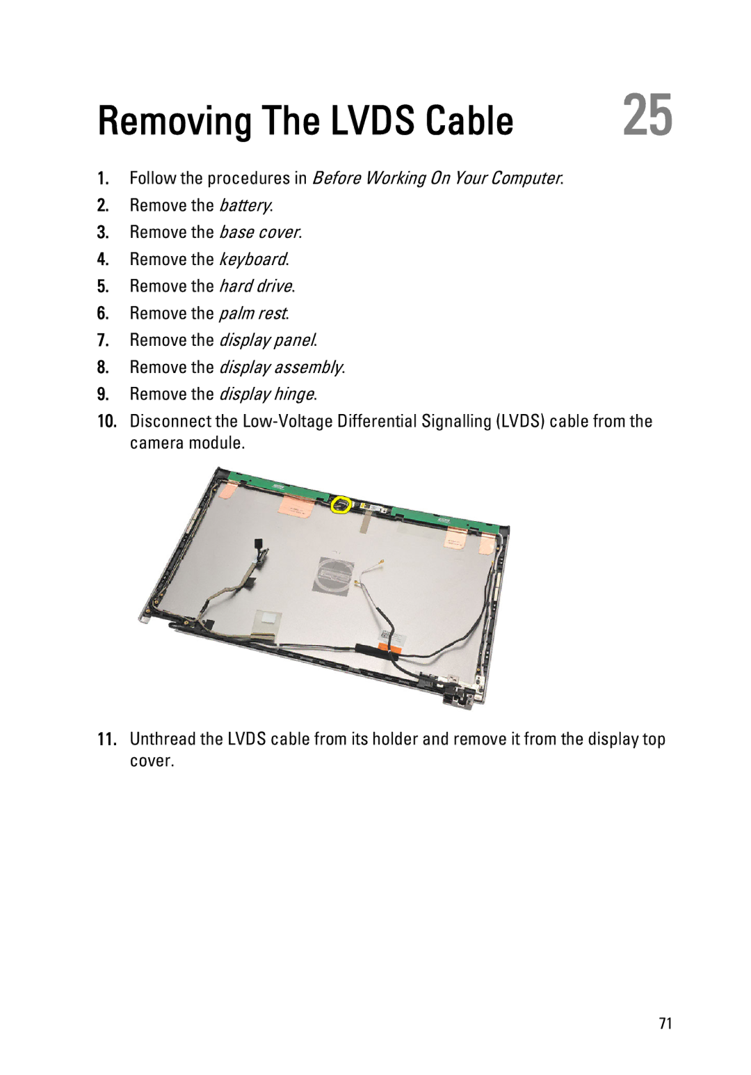 Dell P18S owner manual Removing The Lvds Cable 