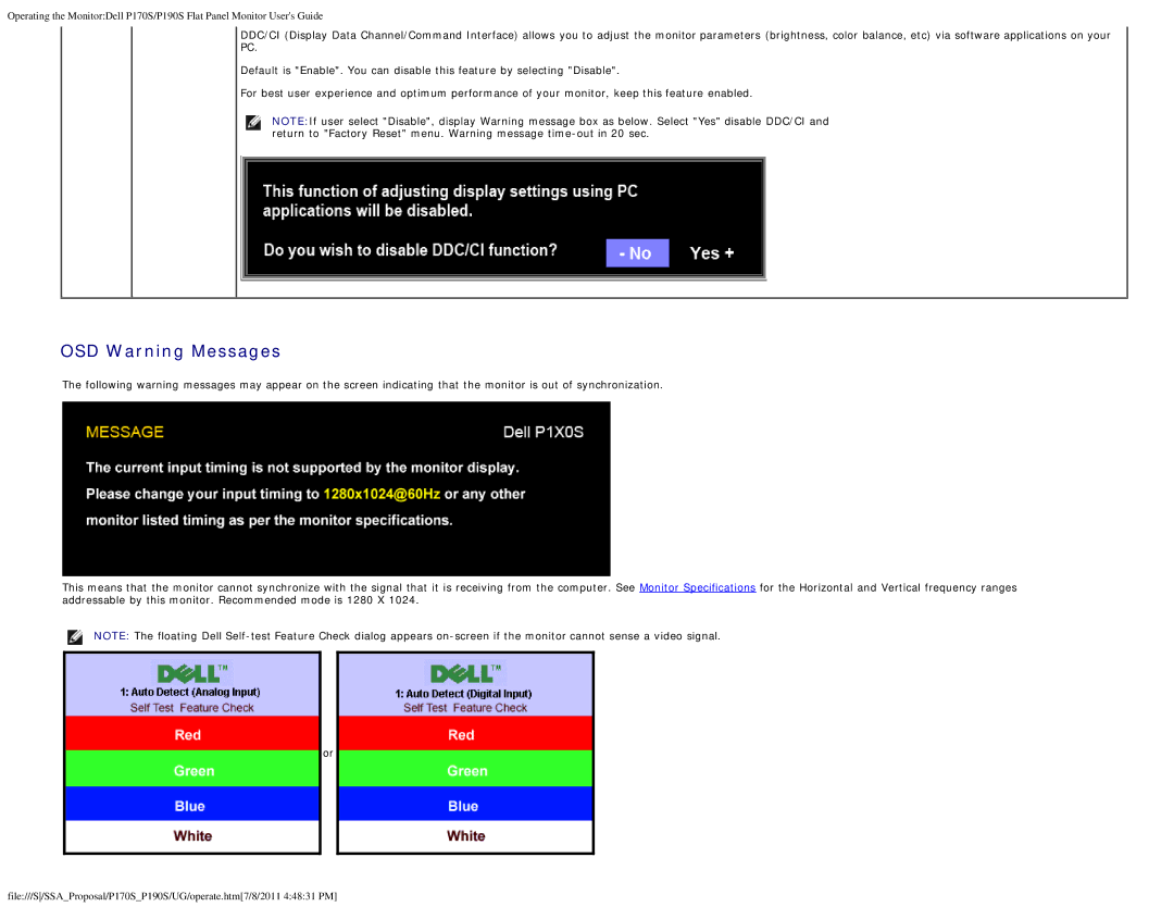 Dell P170s, P190S appendix OSD Warning Messages 