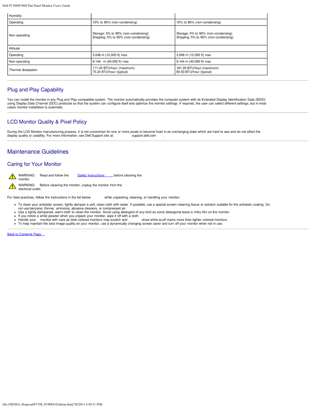 Dell P190S Maintenance Guidelines, Plug and Play Capability, LCD Monitor Quality & Pixel Policy, Caring for Your Monitor 