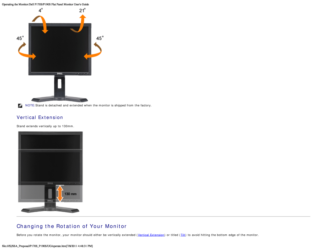 Dell P190S, P170s appendix Changing the Rotation of Your Monitor, Vertical Extension 