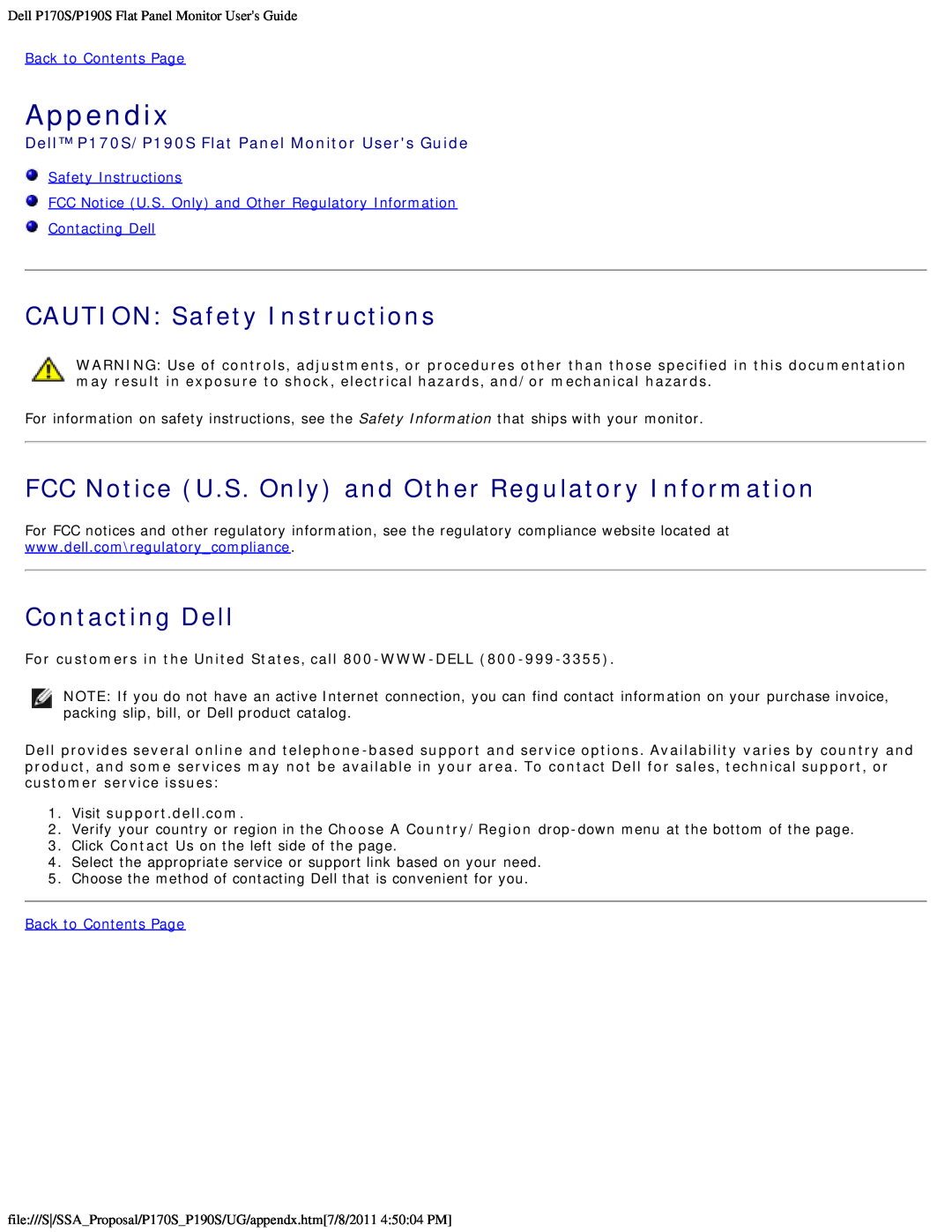 Dell P170s Appendix, CAUTION Safety Instructions, FCC Notice U.S. Only and Other Regulatory Information, Contacting Dell 