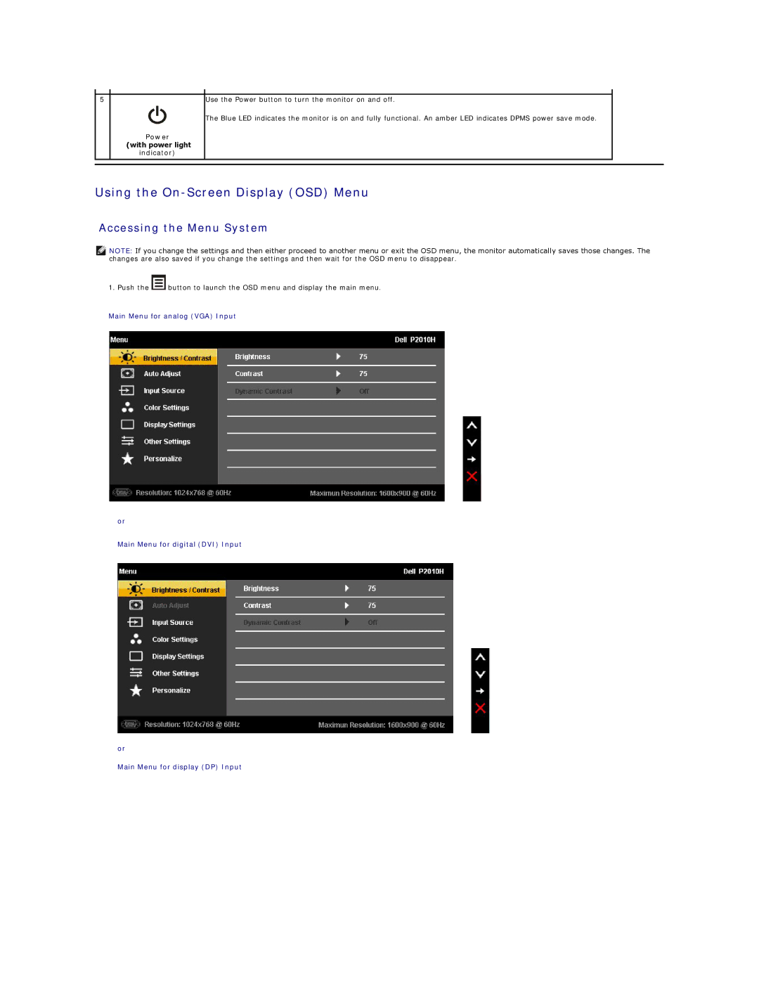 Dell P2010H appendix Using the On-Screen Display OSD Menu, Accessing the Menu System 