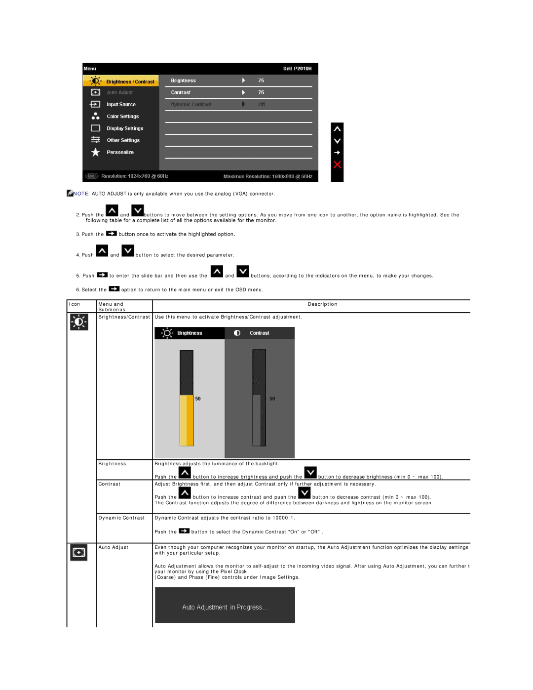 Dell P2010H appendix Dynamic Contrast, Auto Adjust 