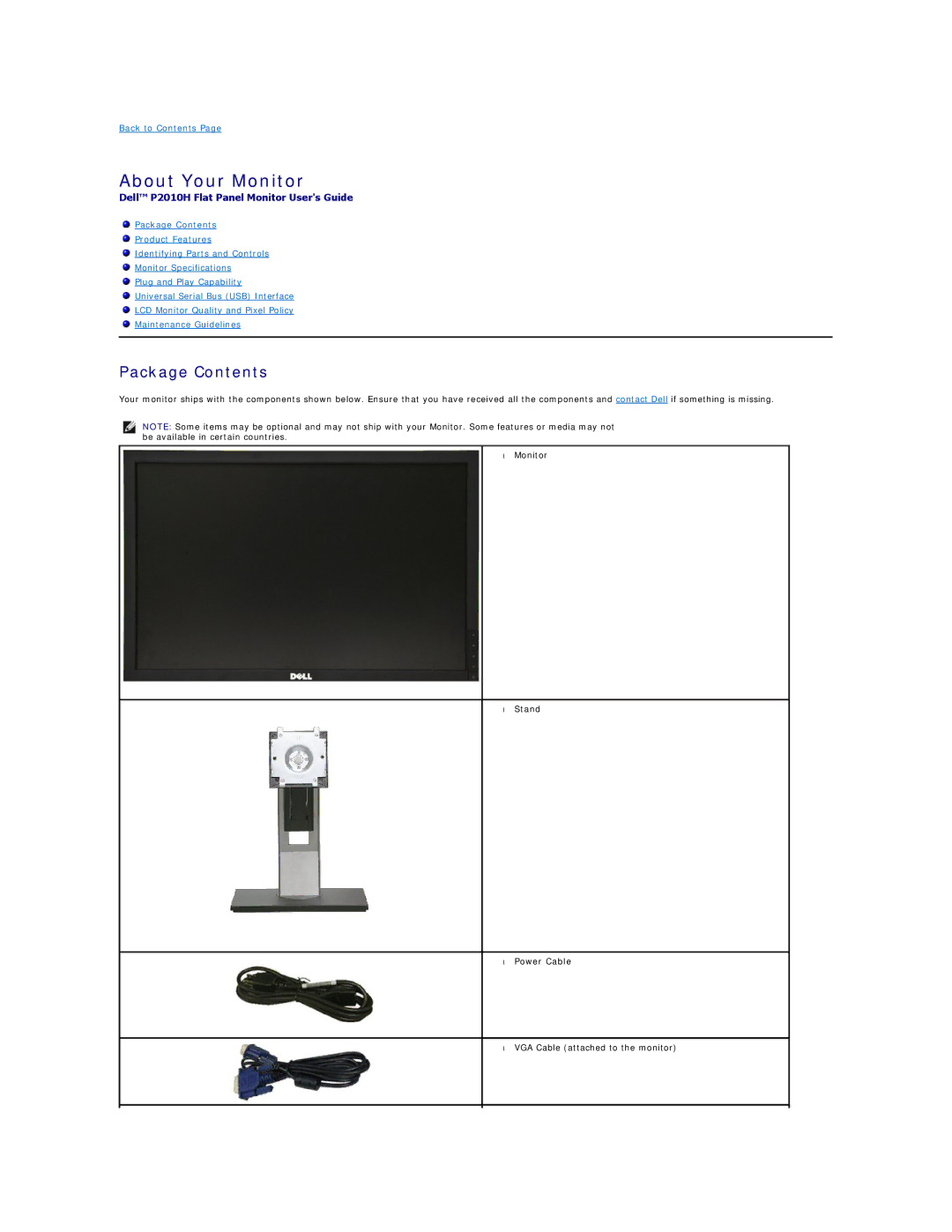 Dell P2010H appendix About Your Monitor, Package Contents 