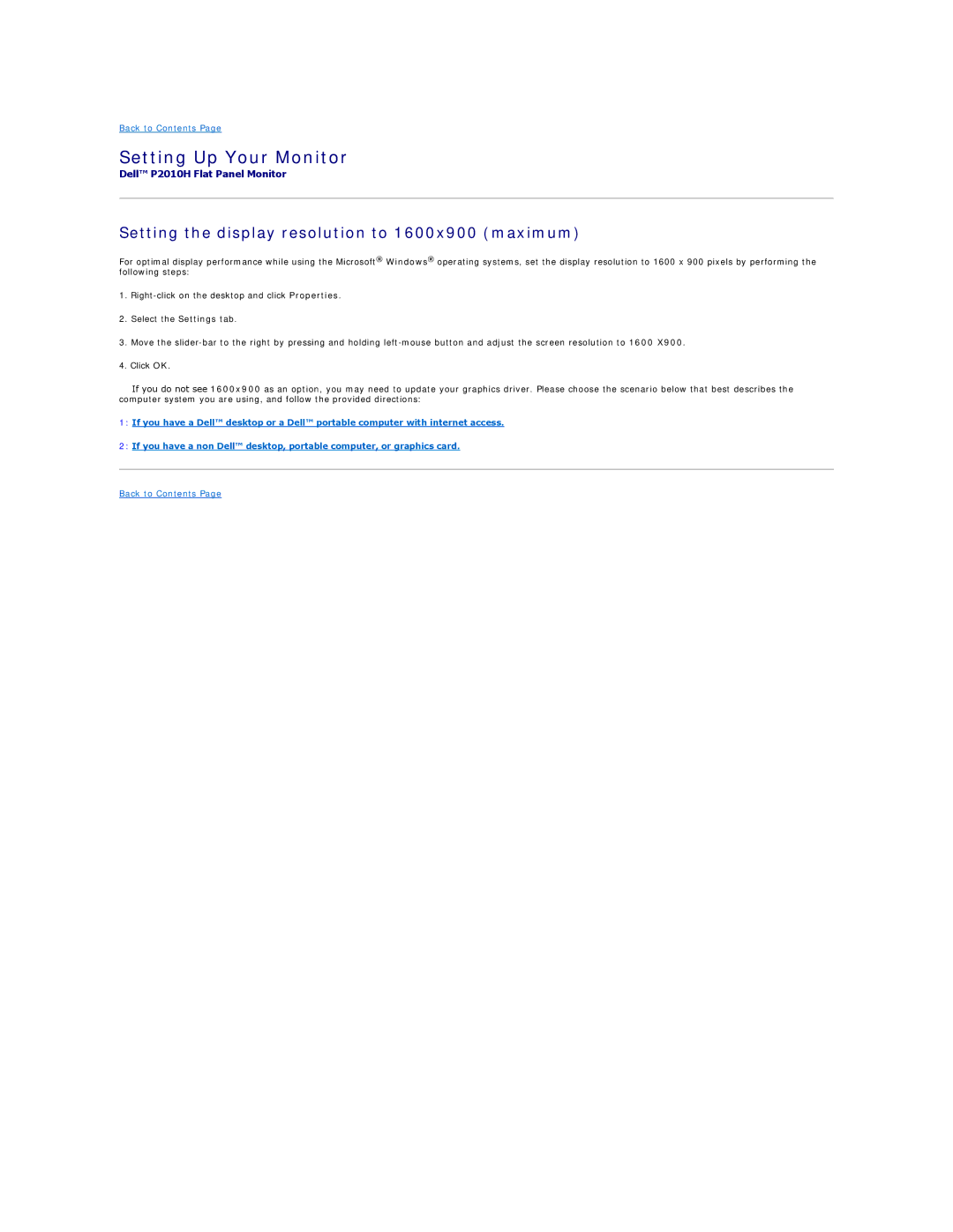 Dell P2010H appendix Setting Up Your Monitor, Setting the display resolution to 1600x900 maximum 