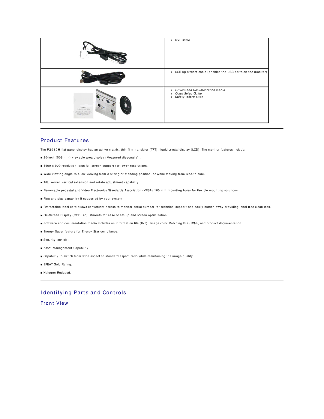 Dell P2010H appendix Product Features, Identifying Parts and Controls, Front View 