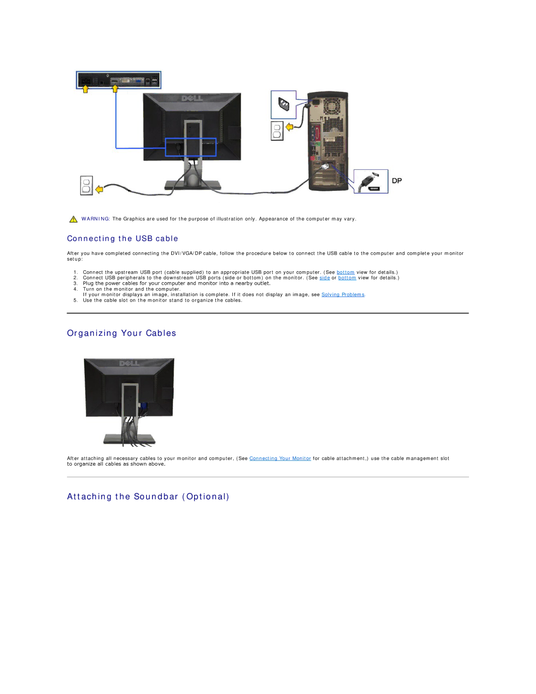 Dell P2010H appendix Organizing Your Cables, Attaching the Soundbar Optional, Connecting the USB cable 