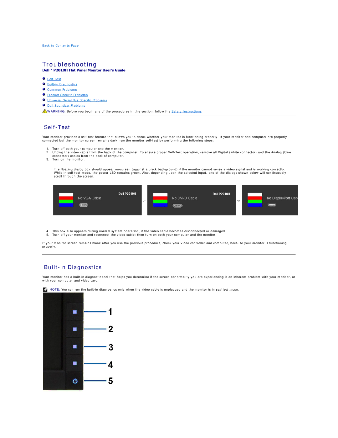 Dell P2010H appendix Troubleshooting, Self-Test, Built-in Diagnostics 