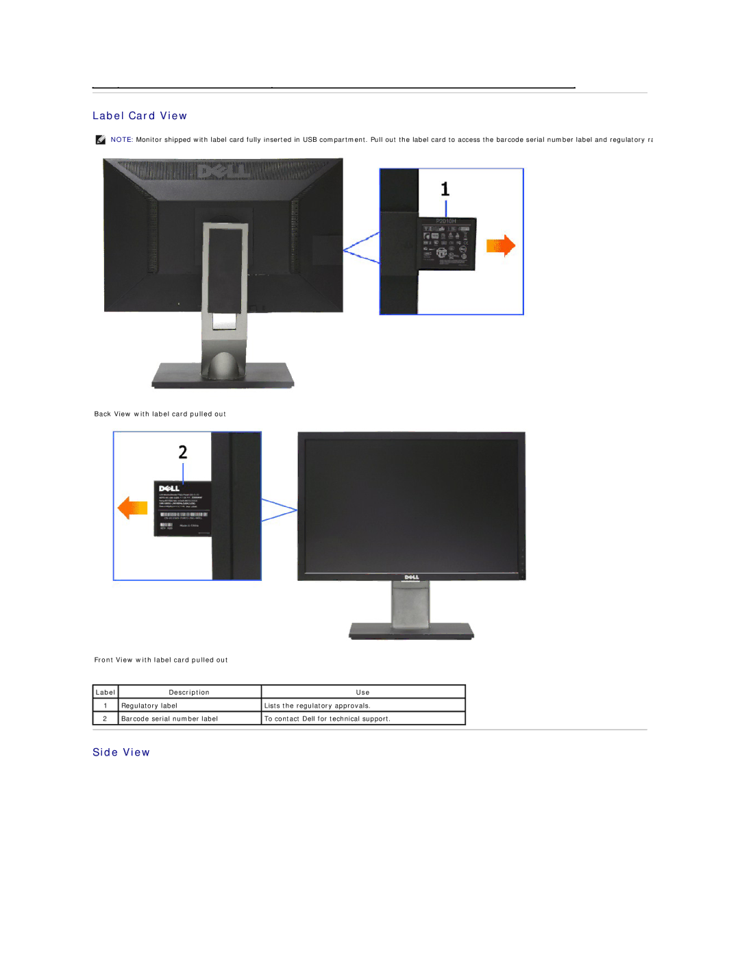 Dell P2010H appendix Label Card View, Side View 